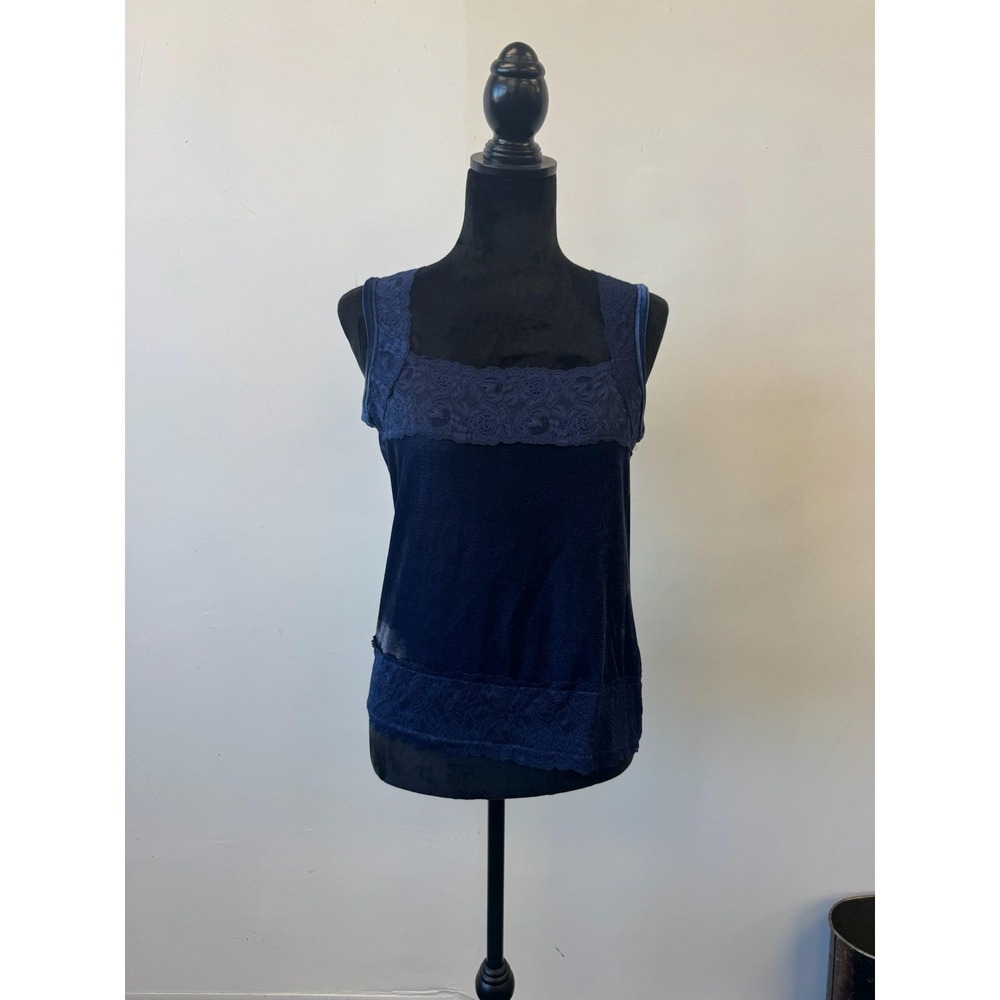 Vintage y2K Susan Lawrence Tank Top Womens Medium Blue Velvet Lace Trim Shirt